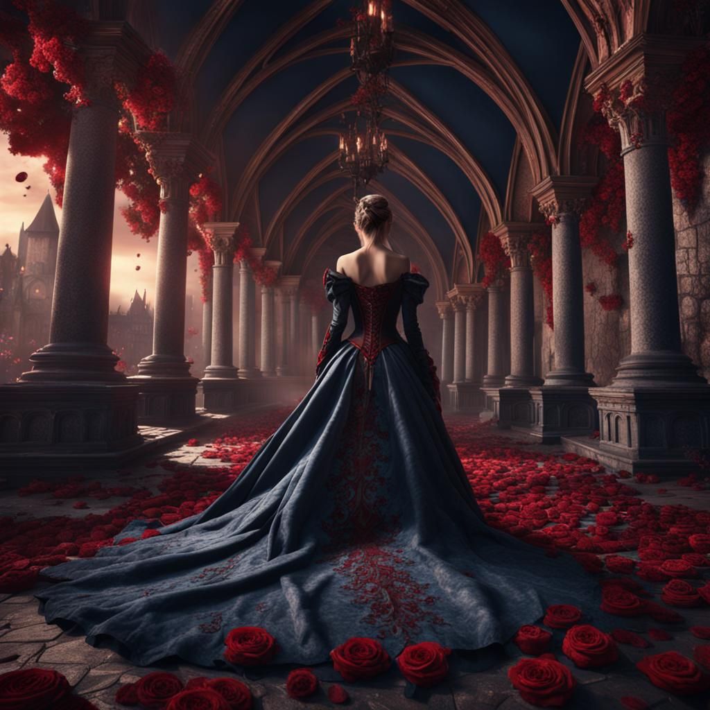 Vampire and Woman with Roses in Castle