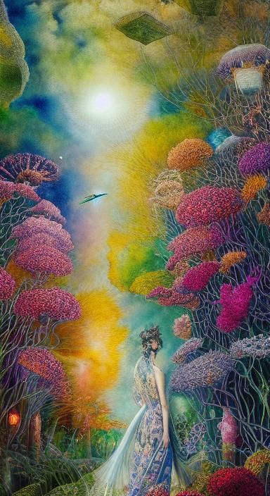 Surreal Space Walk Among Sun and Moon Flowers