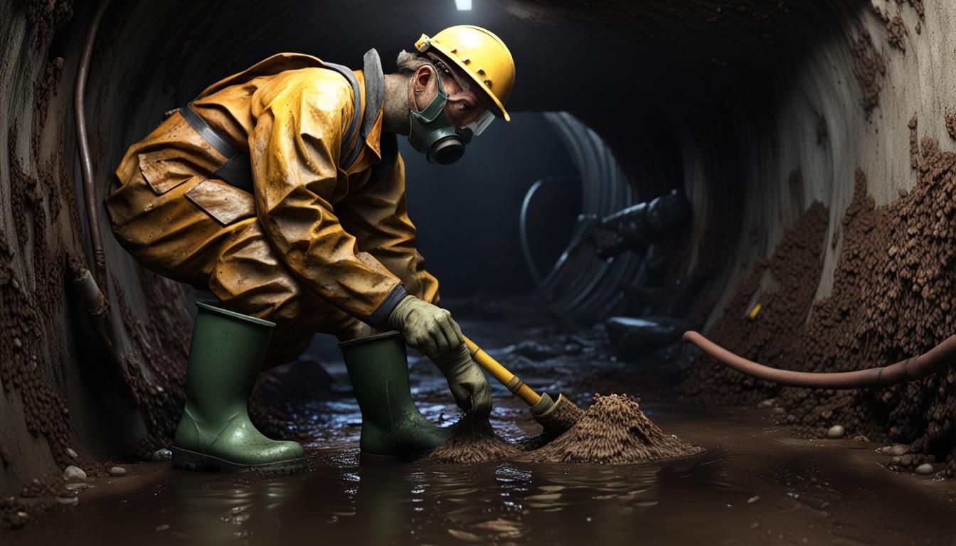 Grimy Sewer Worker Battles Noxious Clog