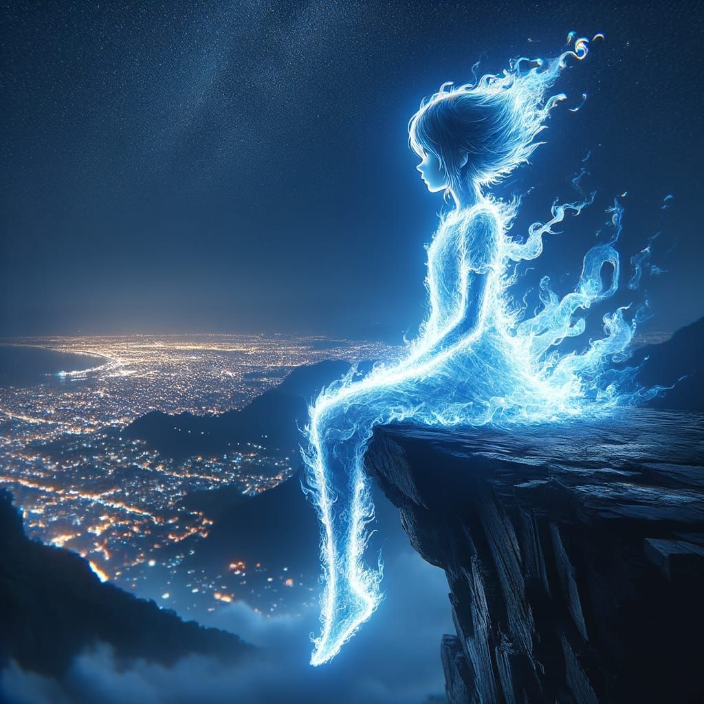 Ghostly Girl Silhouette in Blue Flames