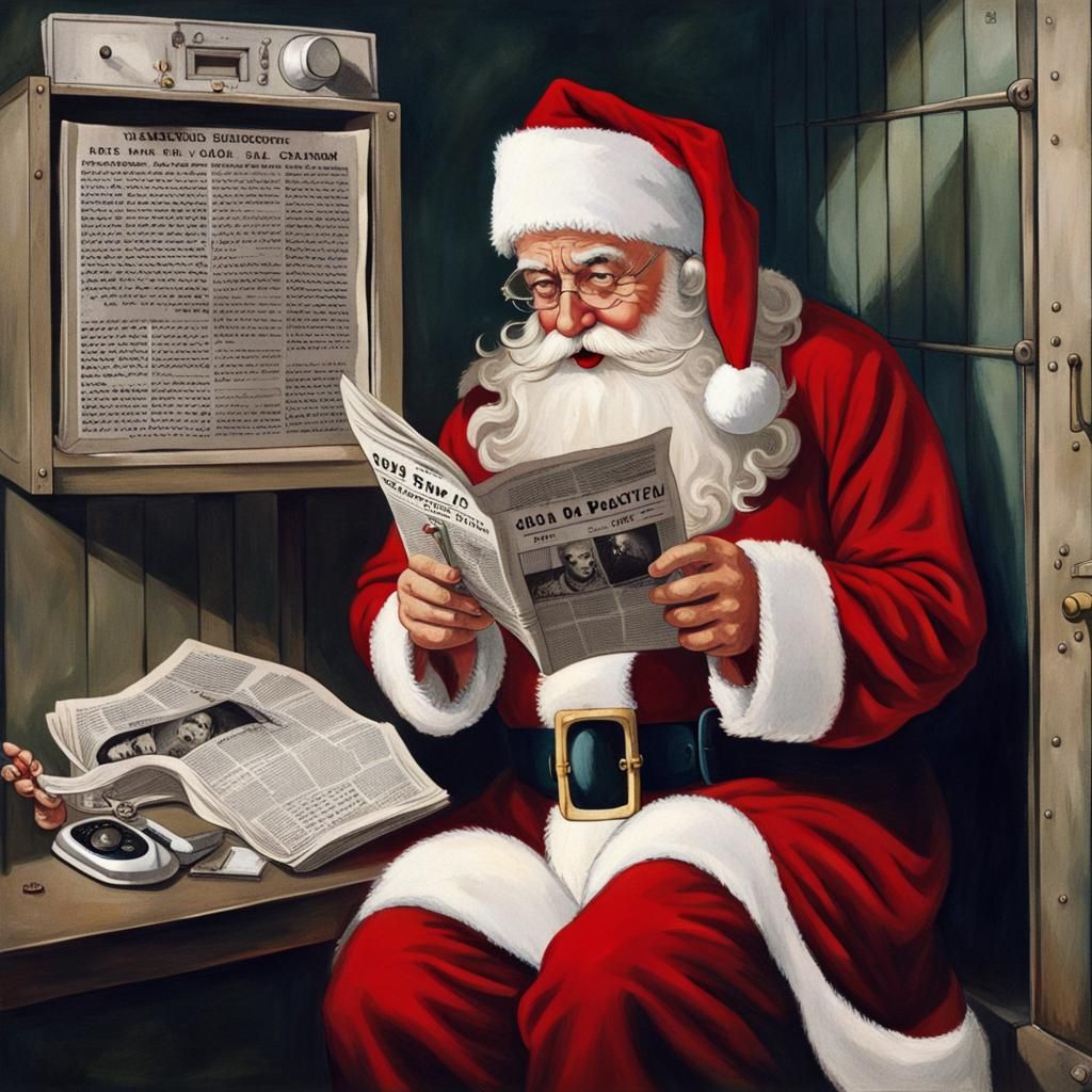 Santa Claus Reads Newspaper in Prison Cell