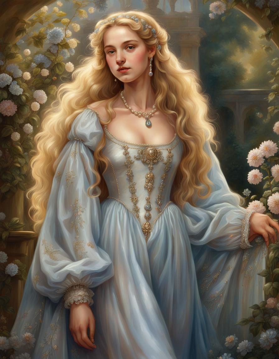 Renaissance Girl in Silver Gown with Golden Hair