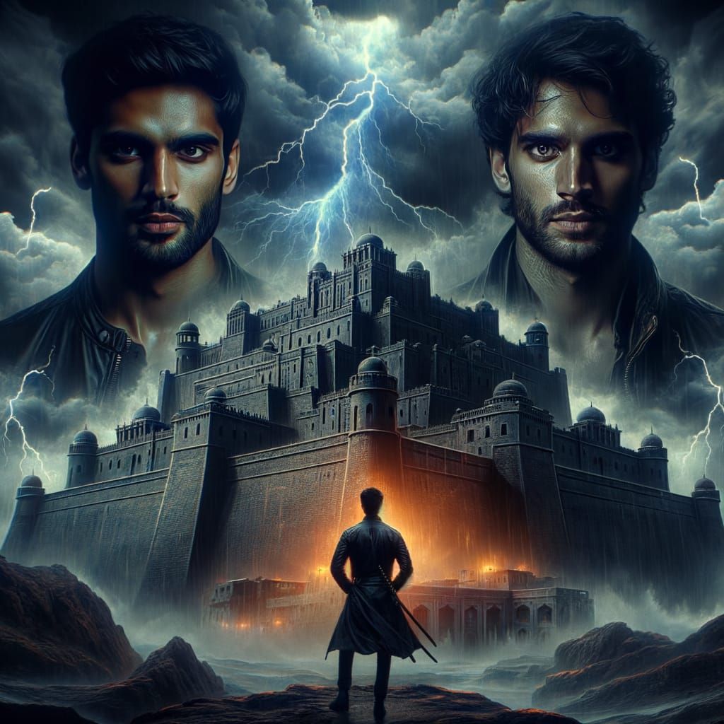 Dark Fortress With Two Men Under Lightning Storm