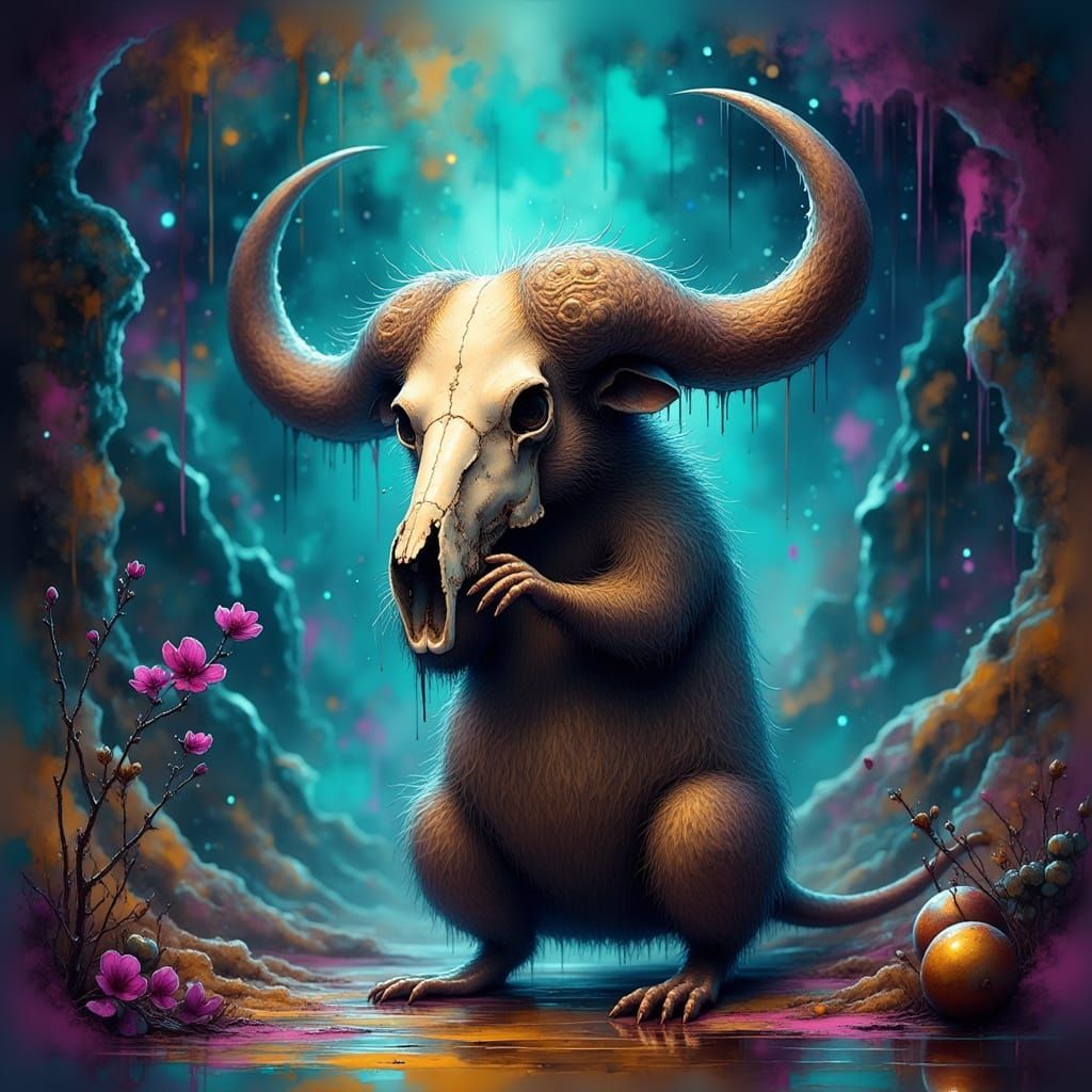 Rat Contemplates with Buffalo Skull Mask in Mystical Landsca...