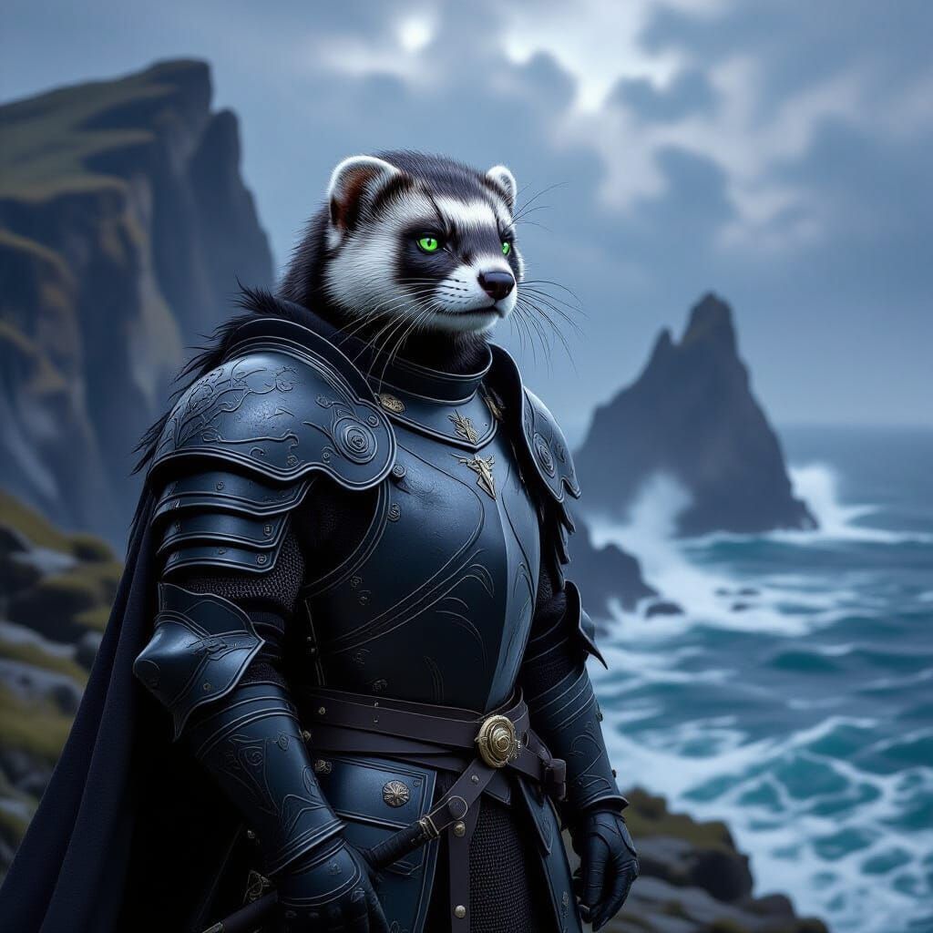 Ferret Knight on Stormy Cliff Overlooking Sea
