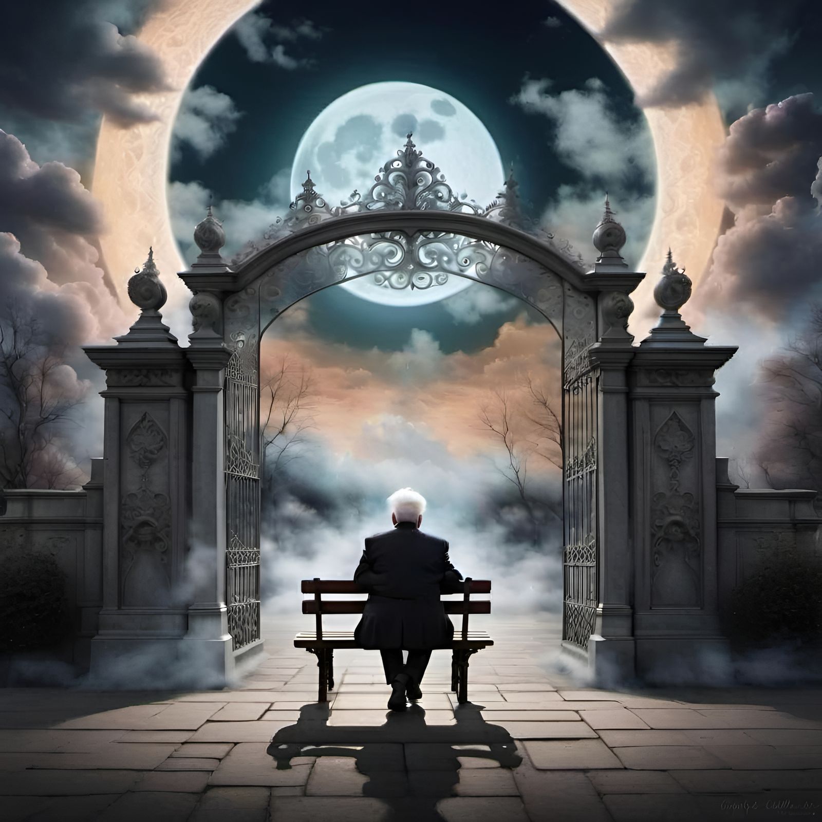 Elderly Gentleman at Pearly Gates: Dreamlike Matte Painting