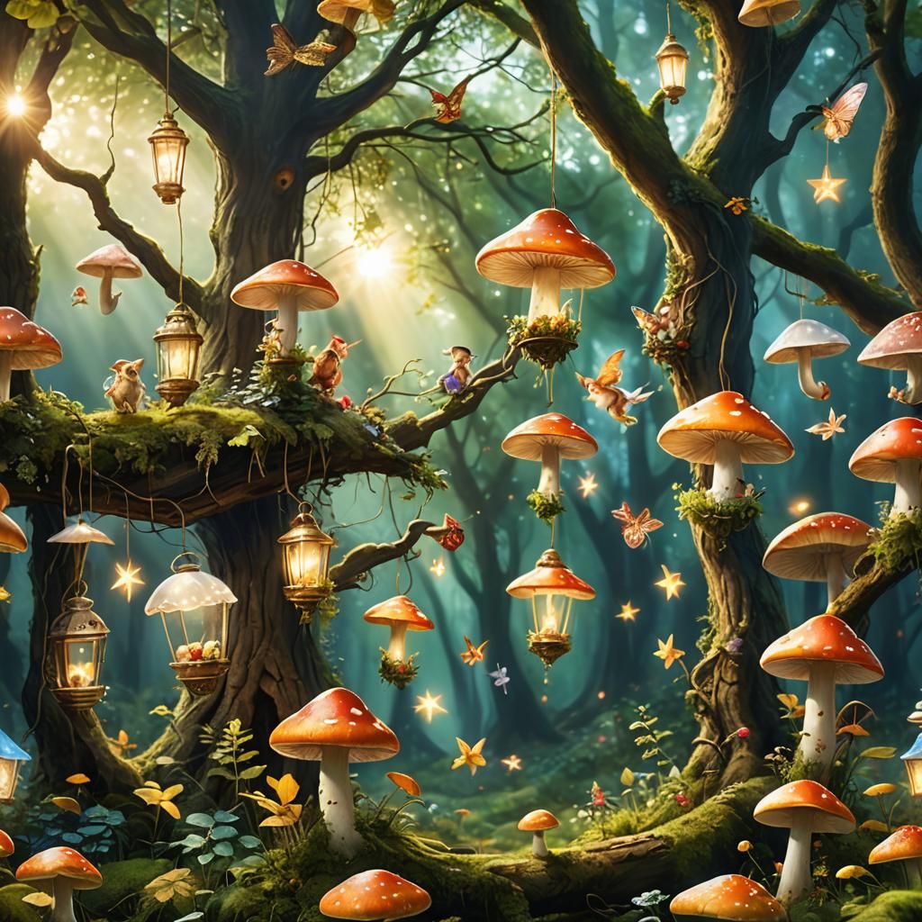 Enchanted Forest Scene with Elves and Animals