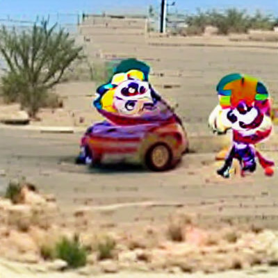 Clown and Boy Drive Stolen Car in Desert