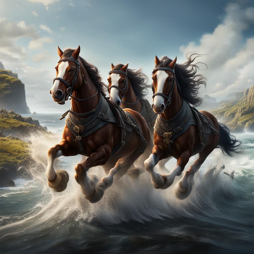 Clydesdales Escape Along Coastline: Fantasy Concept Art