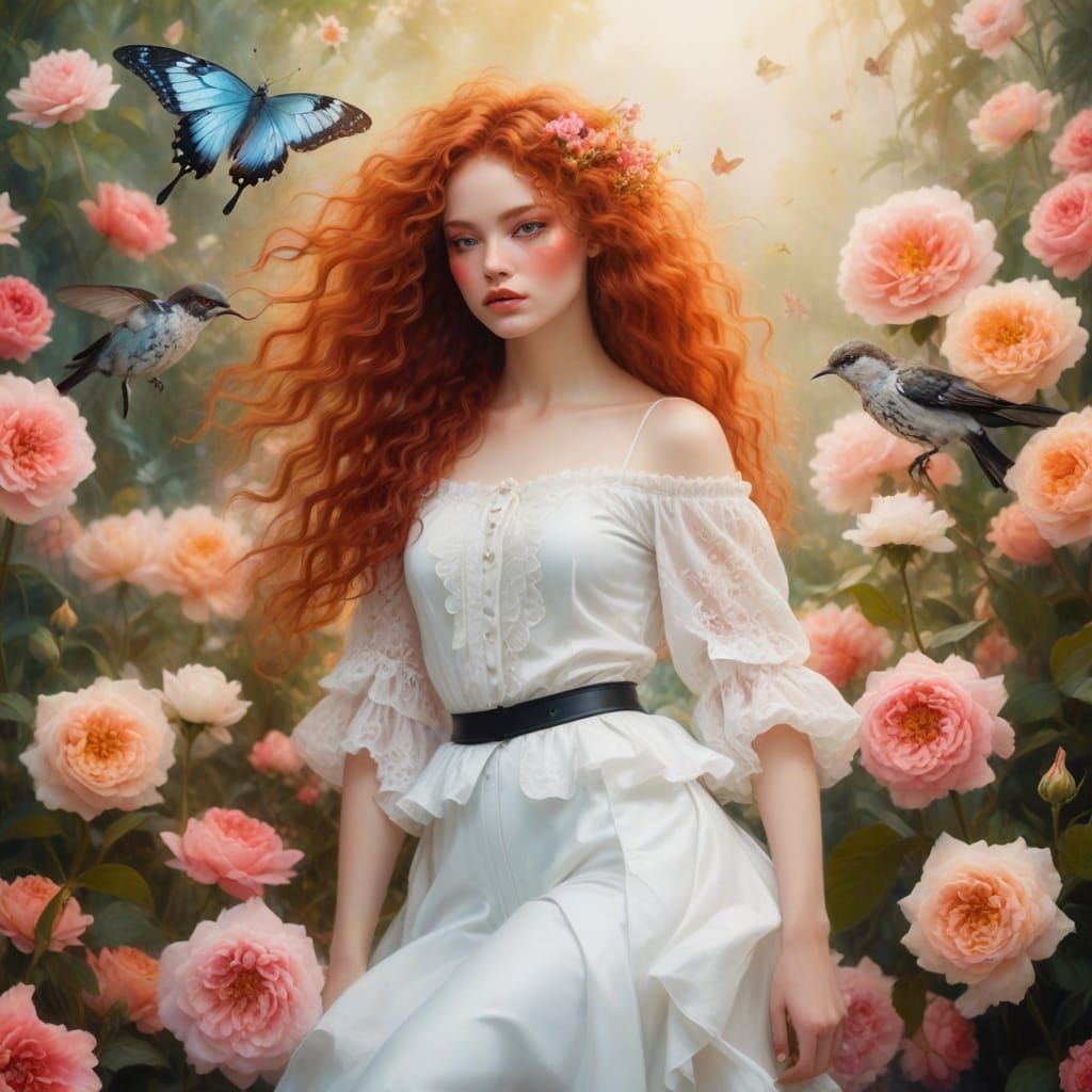 Ethereal Dreamscape: Woman in Pirate Shirt, Oil Painting