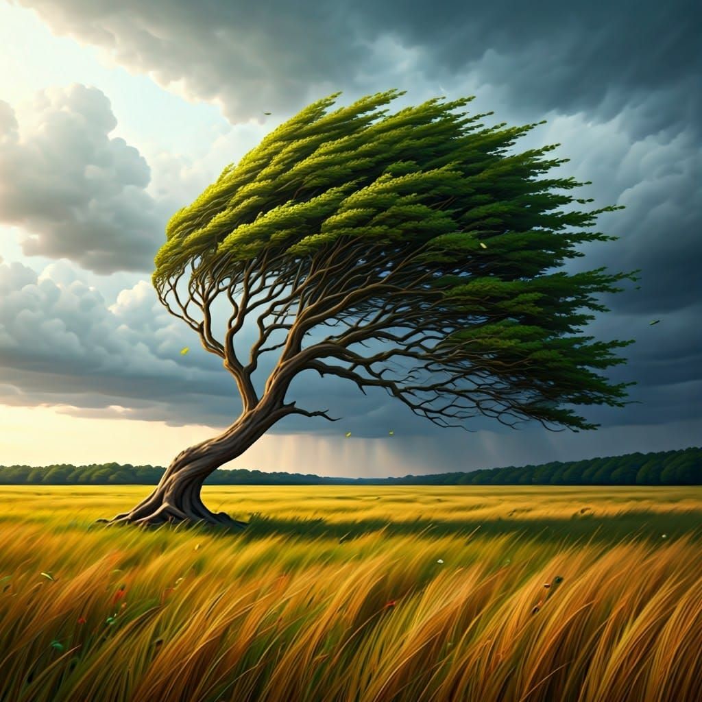 Windswept Tree in Stormy Landscape: Expressive Art