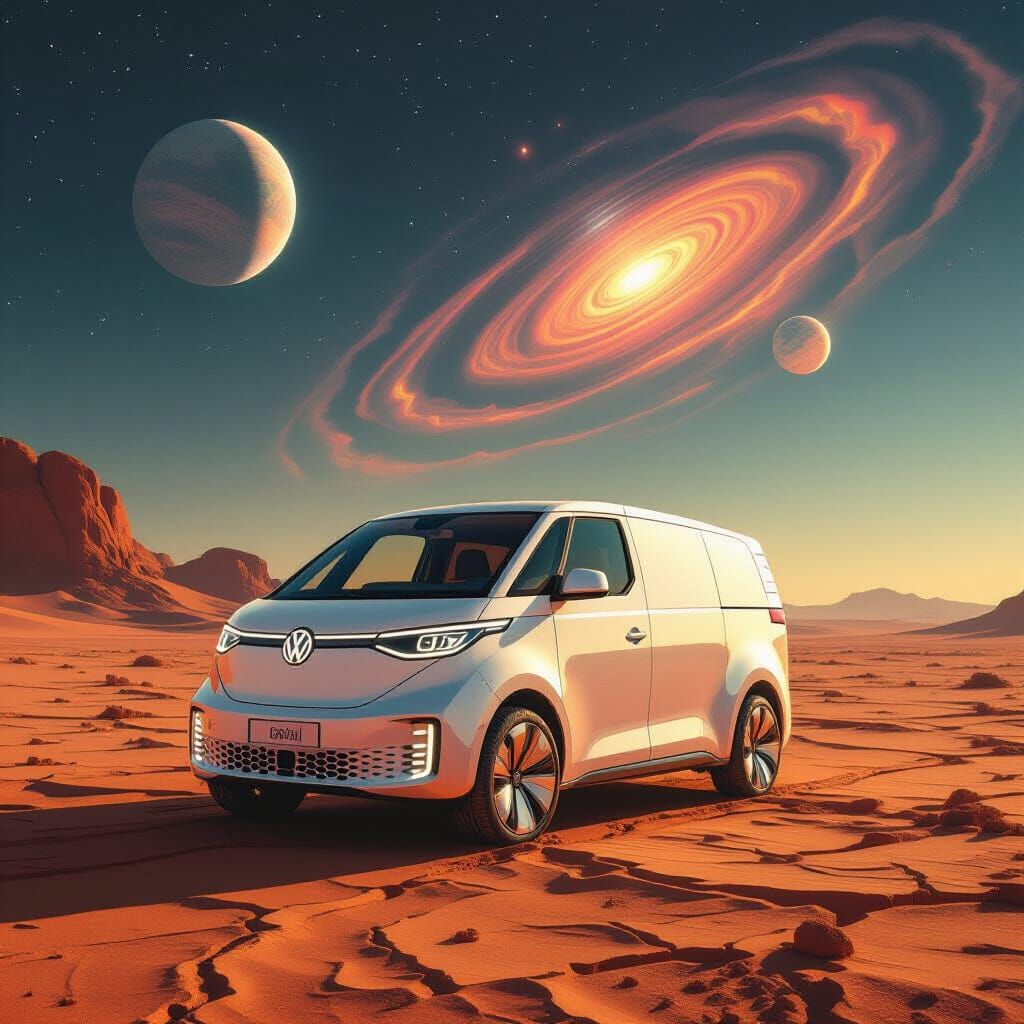 Alien Desert ID. Buzz Van Under Nebula Sky