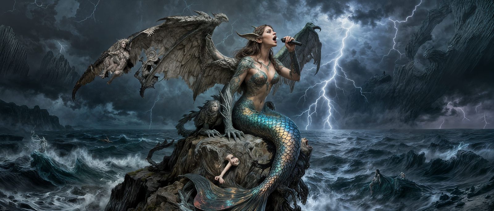 Siren Gargoyle Sings on Stormy Sea as Oil Painting