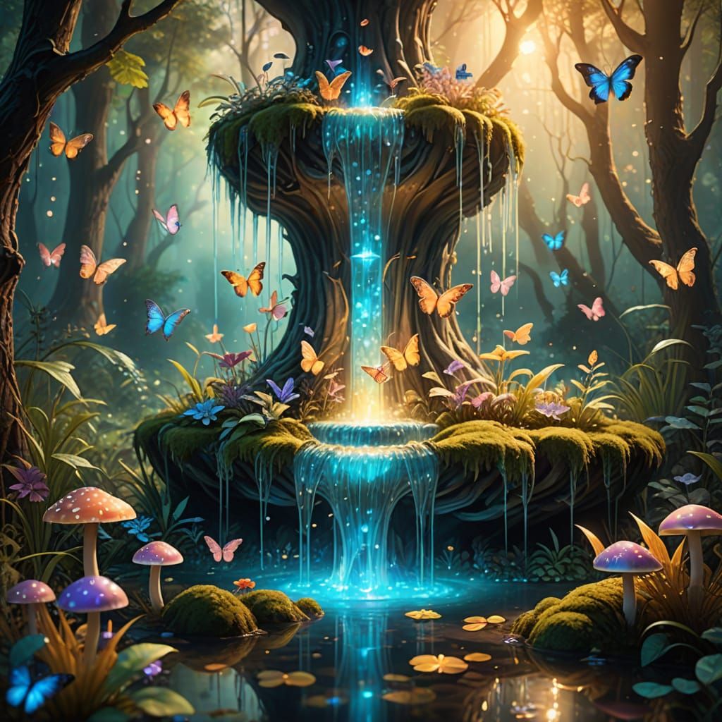 Magical Crystal Fountain in Enchanted Forest