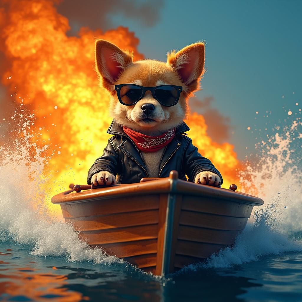 Heroic Puppy Commands Flaming Speedboat in Matte Painting