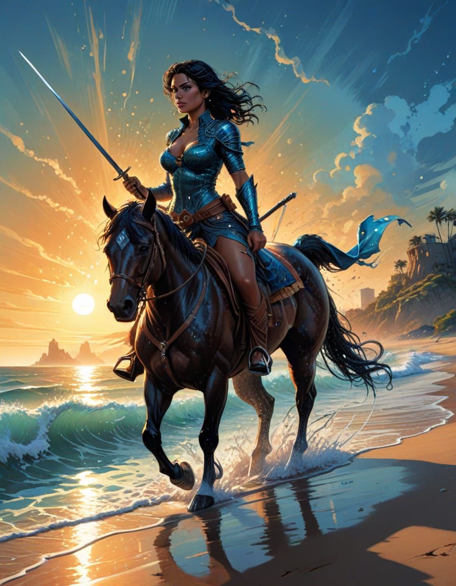 Latina Warrior on Horseback in Comic Book Style