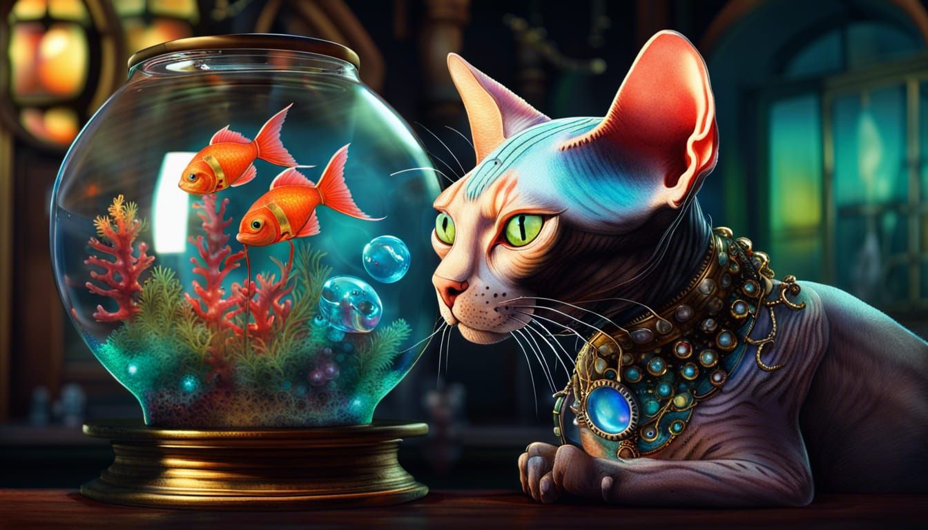 Steampunk Sphynx Cat Enjoys Tropical Fish Aquarium