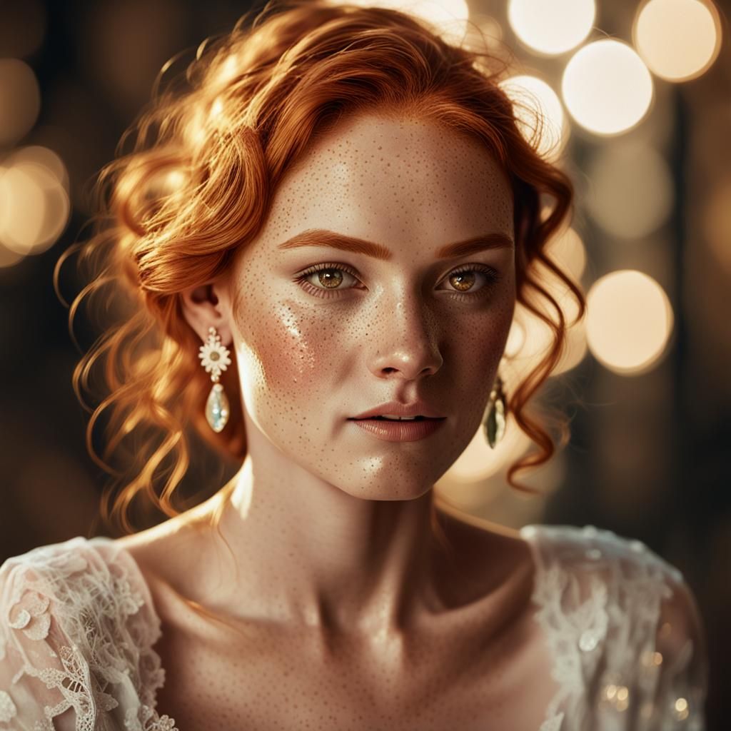 Redhead Woman Portrait with Diamond Earrings in Hyperrealism