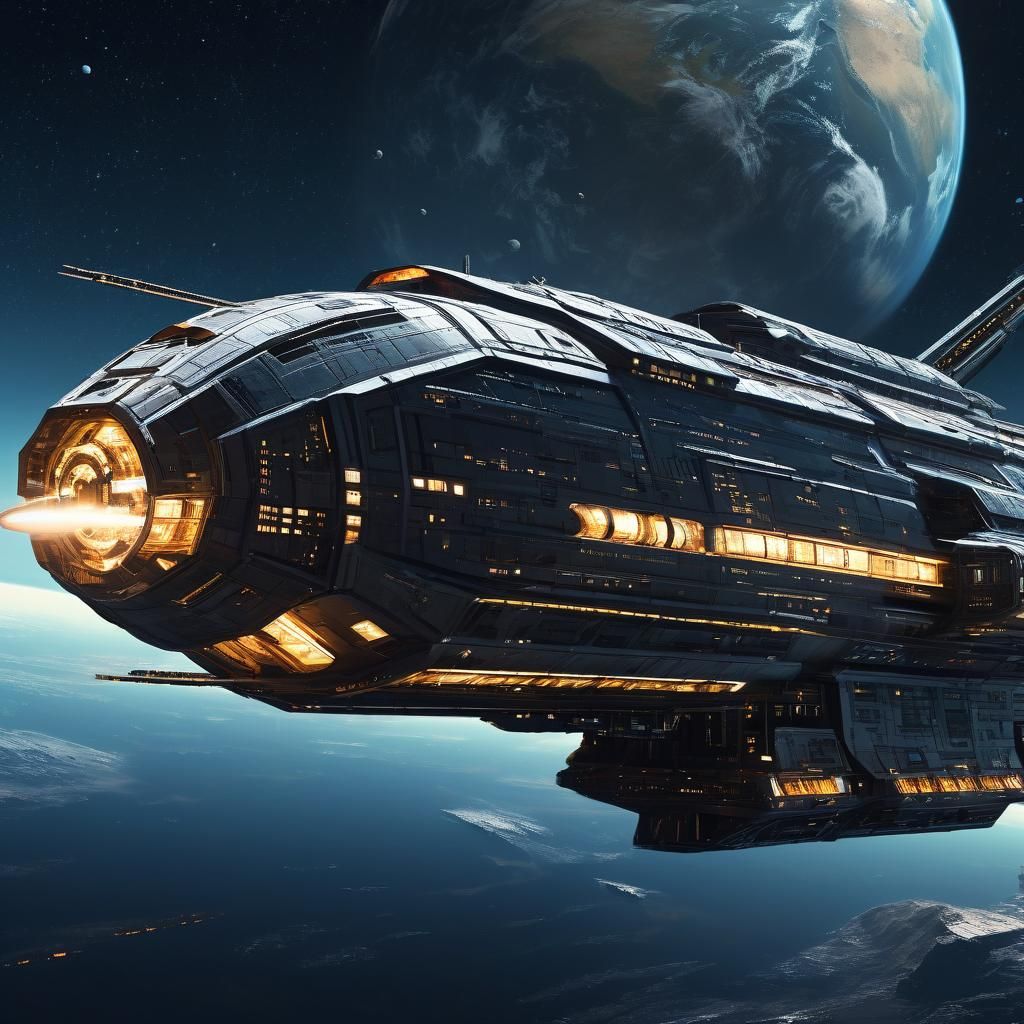 Massive Spaceship in Interstellar Space with Planet Earth in...