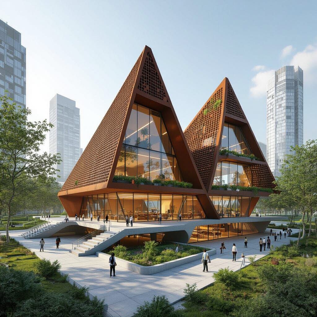 Futuristic 3D School with Intersected Pyramids