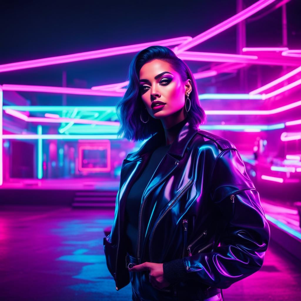 Woman Poses in Synthwave Neon Retro Scene