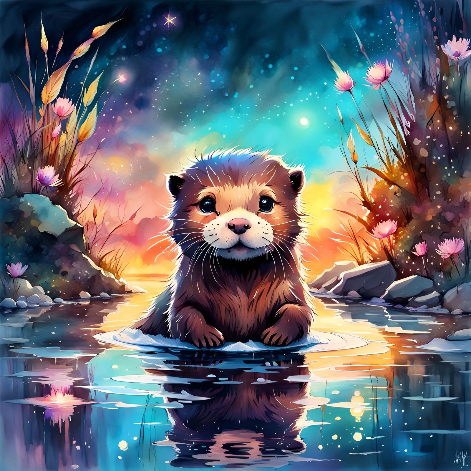 Chibi Otter in Watercolor Fantasy Sunset