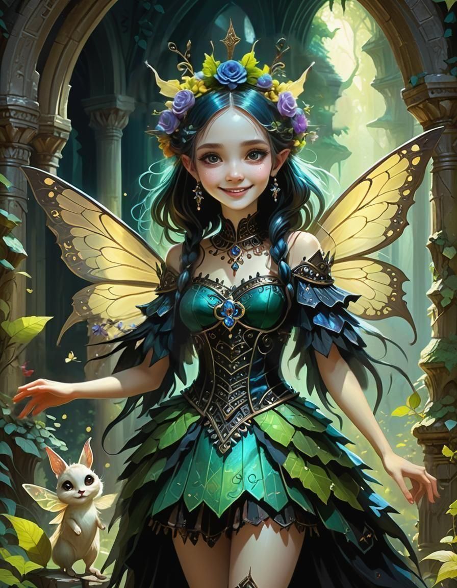 Gothic Fairy Queen in Forest Palace Oil Painting