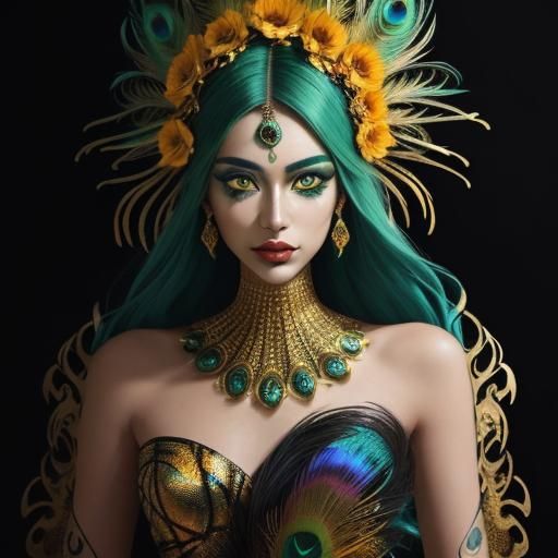 Golden Woman with Peacock Feathers in Abstract Expressionism