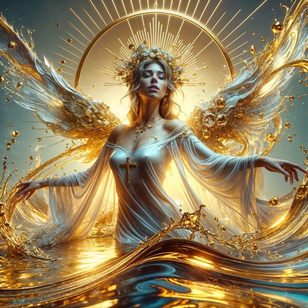 Caucasian Woman Emerges from Gold Pool in Divine Light
