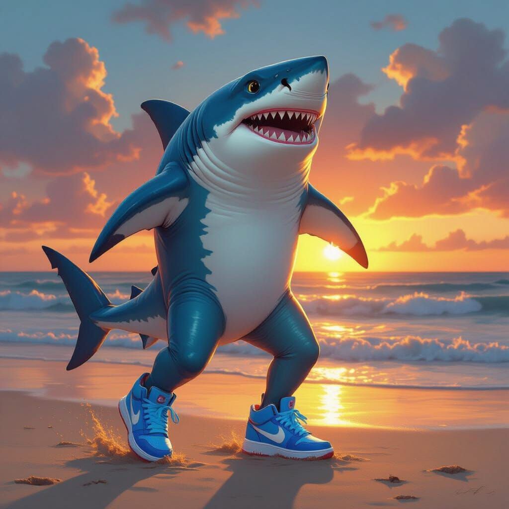 Anthropomorphic Shark Dancer in Golden Hour Light