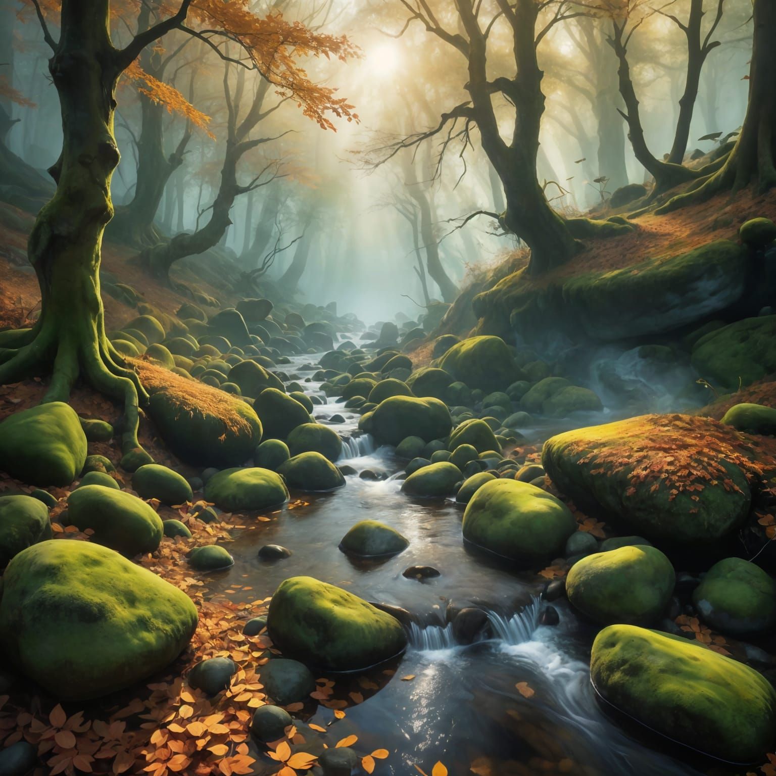 Misty Autumn Stream in Forest with Sun Rays