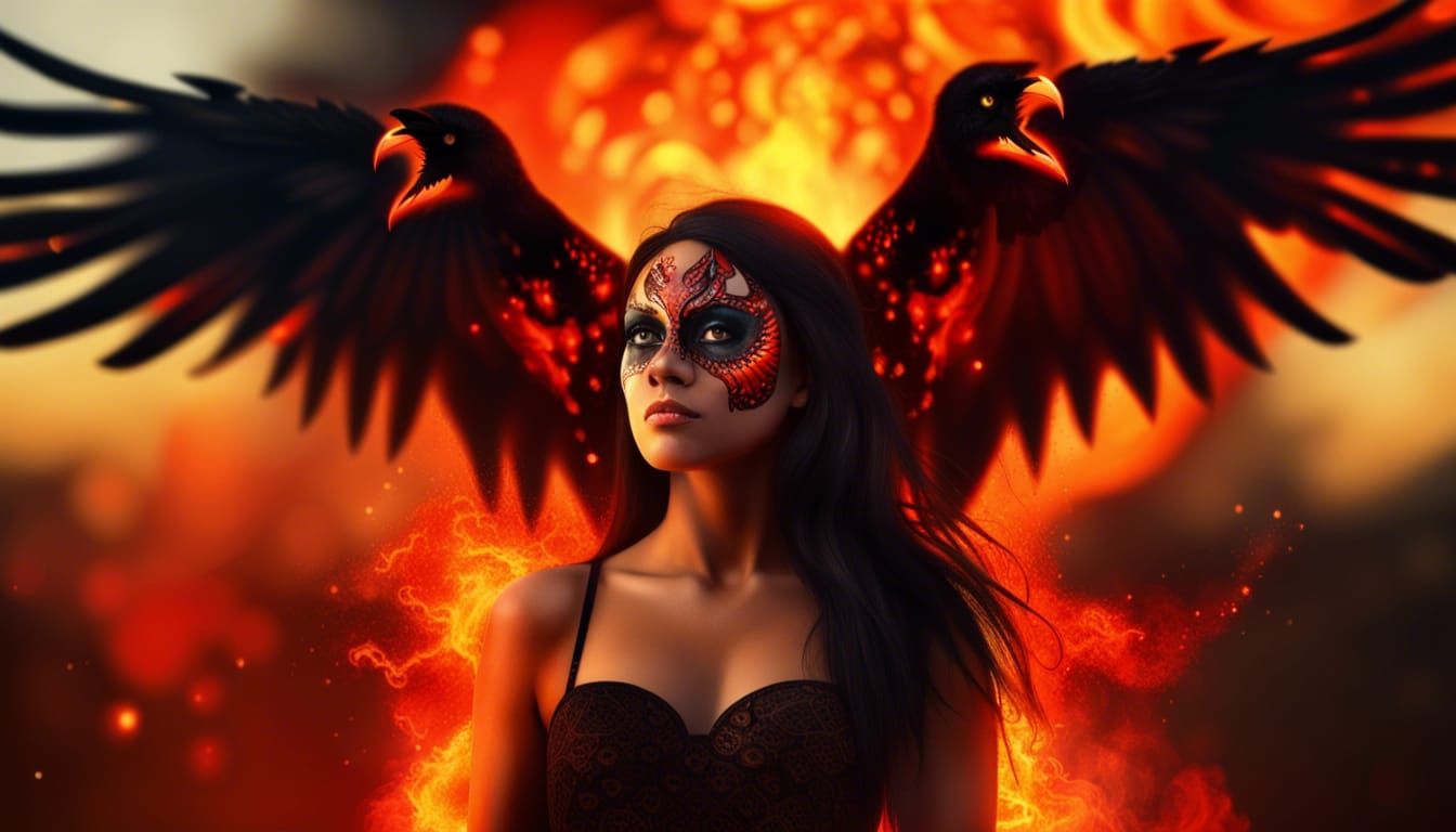 Hyperrealistic Devil Crow Woman in Fiery Sky