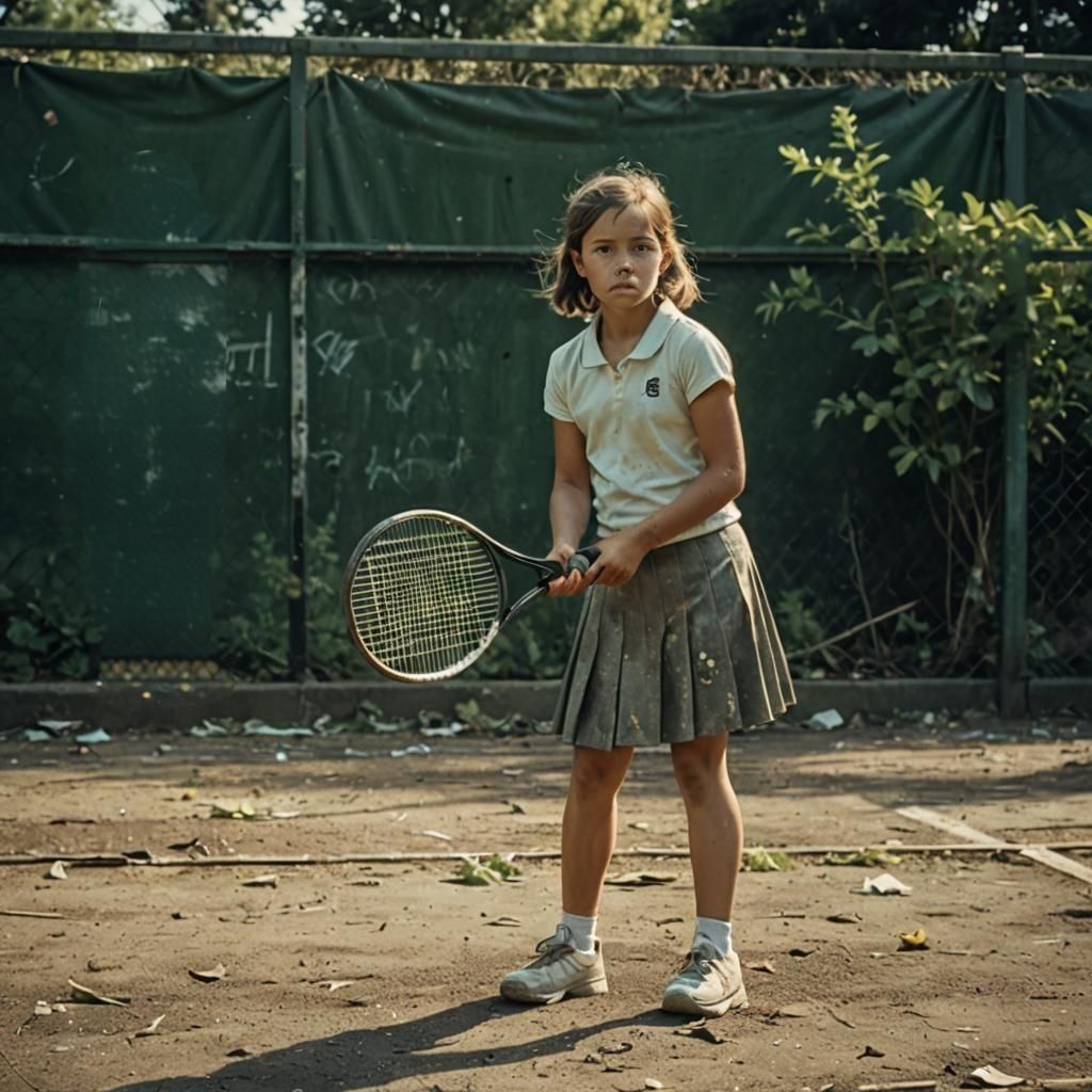 Determined Girl on a Gritty Tennis Court