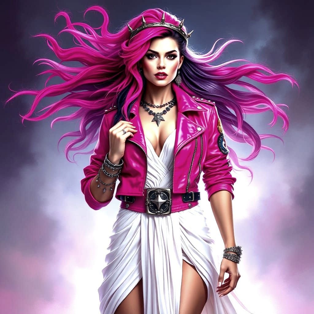 Bold Greek Goddess with Neon Hair and Punk Rock Edge
