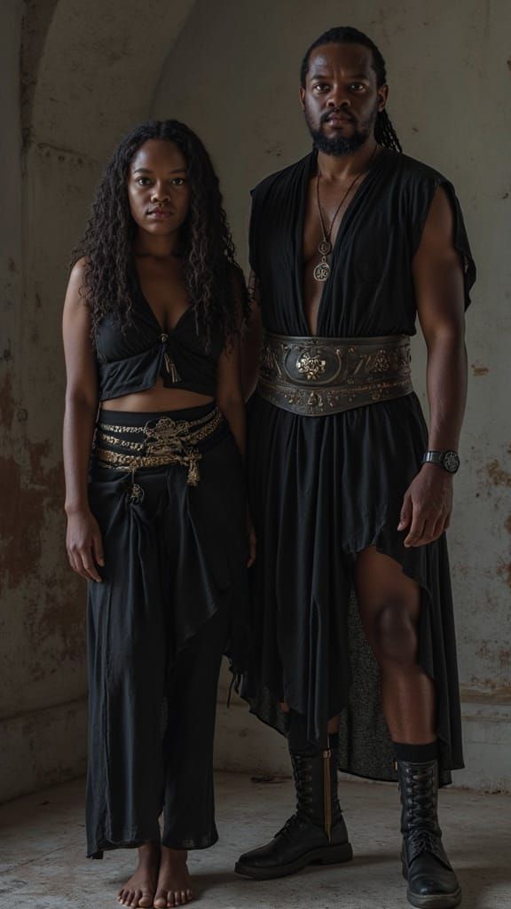 African Warrior Standing Beside Female Warrior in Black Atti...