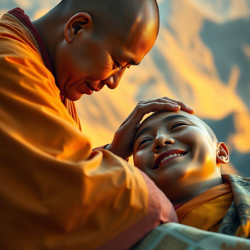 Compassionate Monk in Vibrant Mountain Landscape