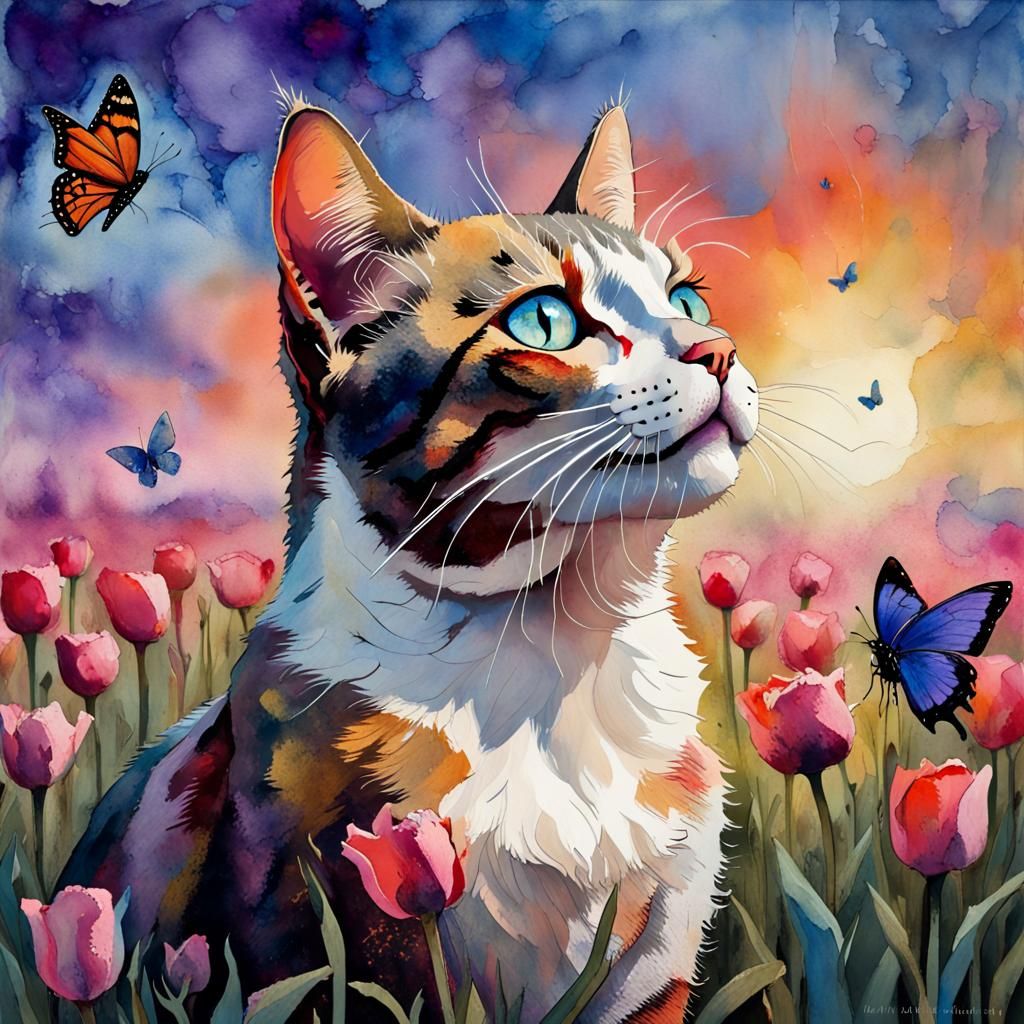 Expressive Cat Portrait in Encaustic Impressionism Style