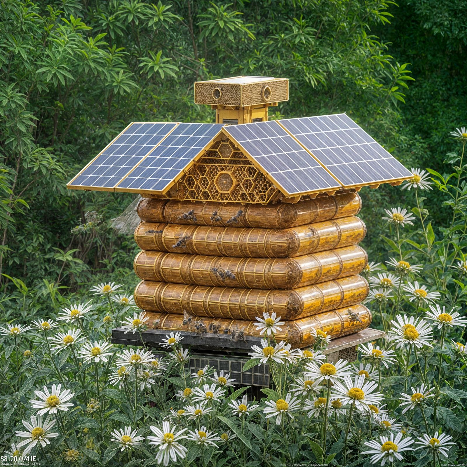 Surreal Solarpunk Honey Bee Hive Blooms with Solar Energy