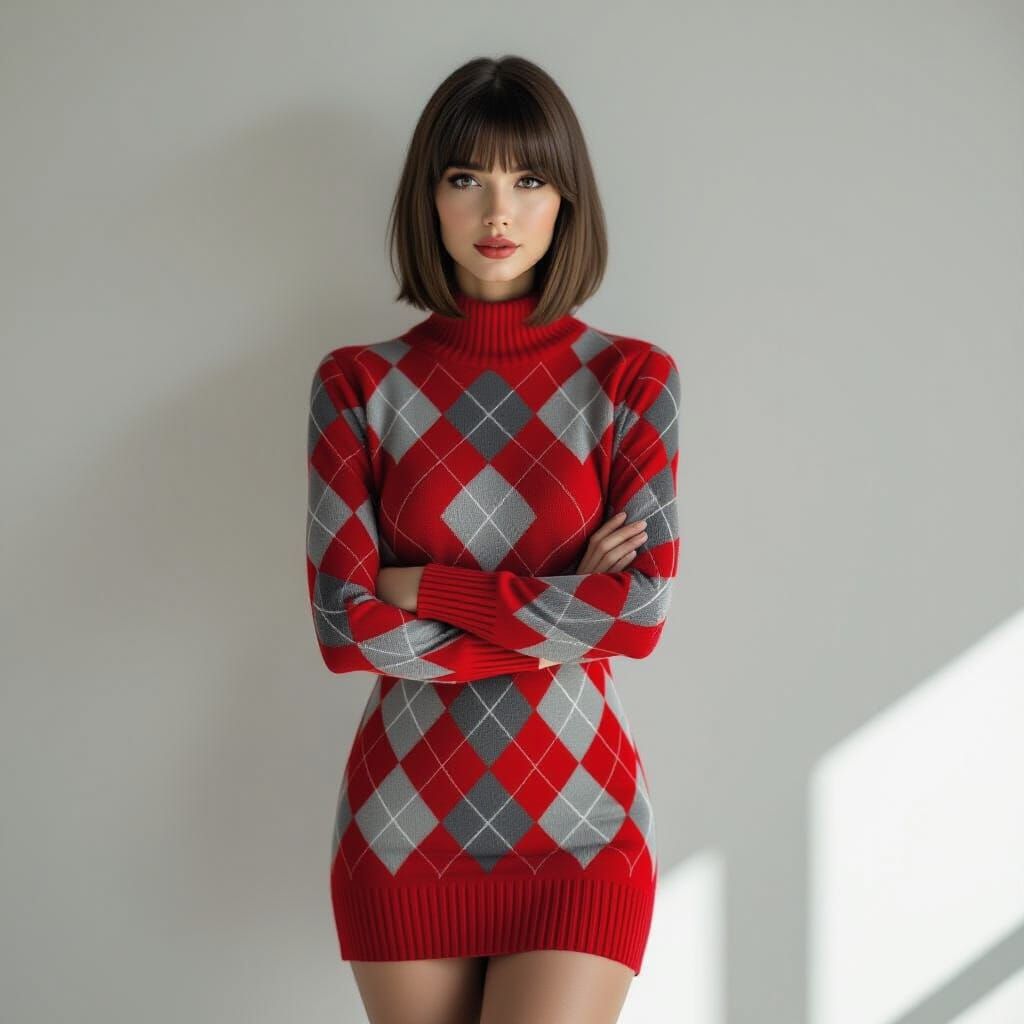 Brunette Woman in Argyle Sweaterdress and High Heels