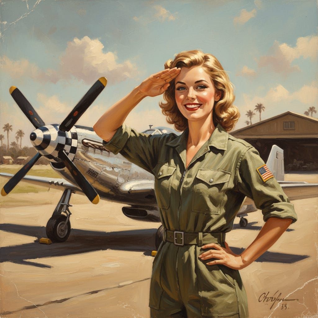 1940s Calendar Style Woman Salutes by P-51 Mustang