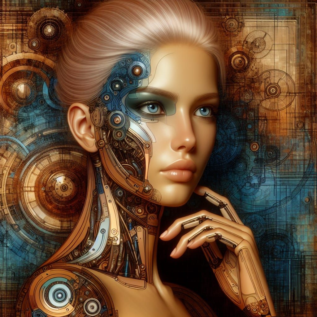 Android Female with Mechanical Schematics in Bronze and Blue