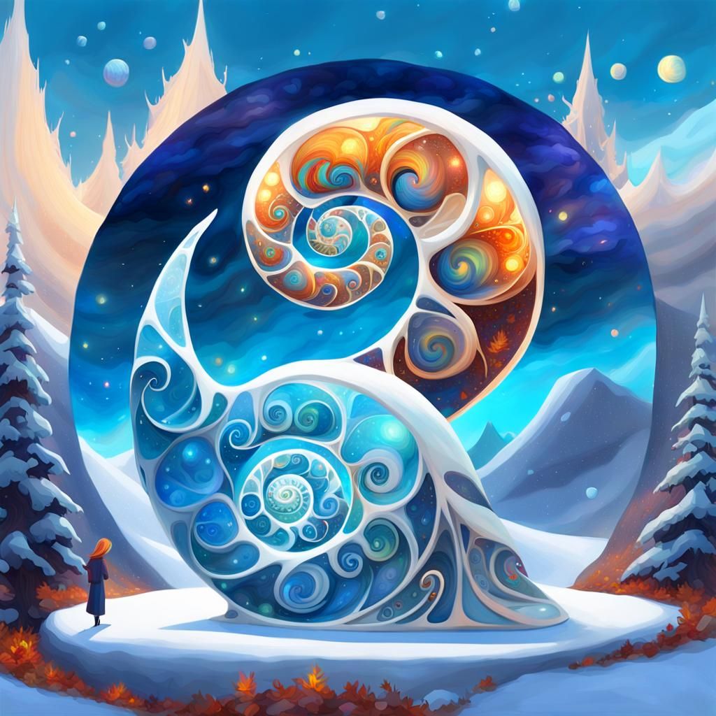 Vibrant Opal Snail in a Fantastical Winter Wonderland