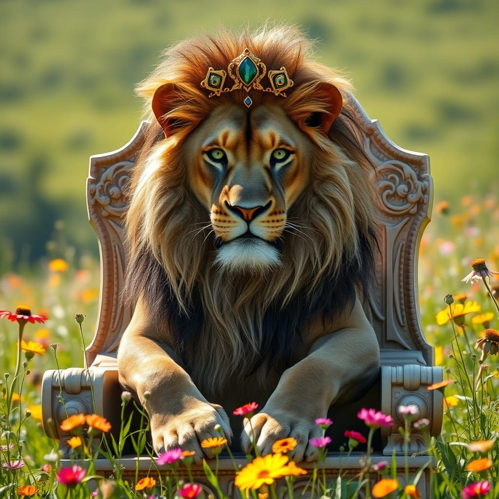 Regal Jeweled Lion on Ivory Throne