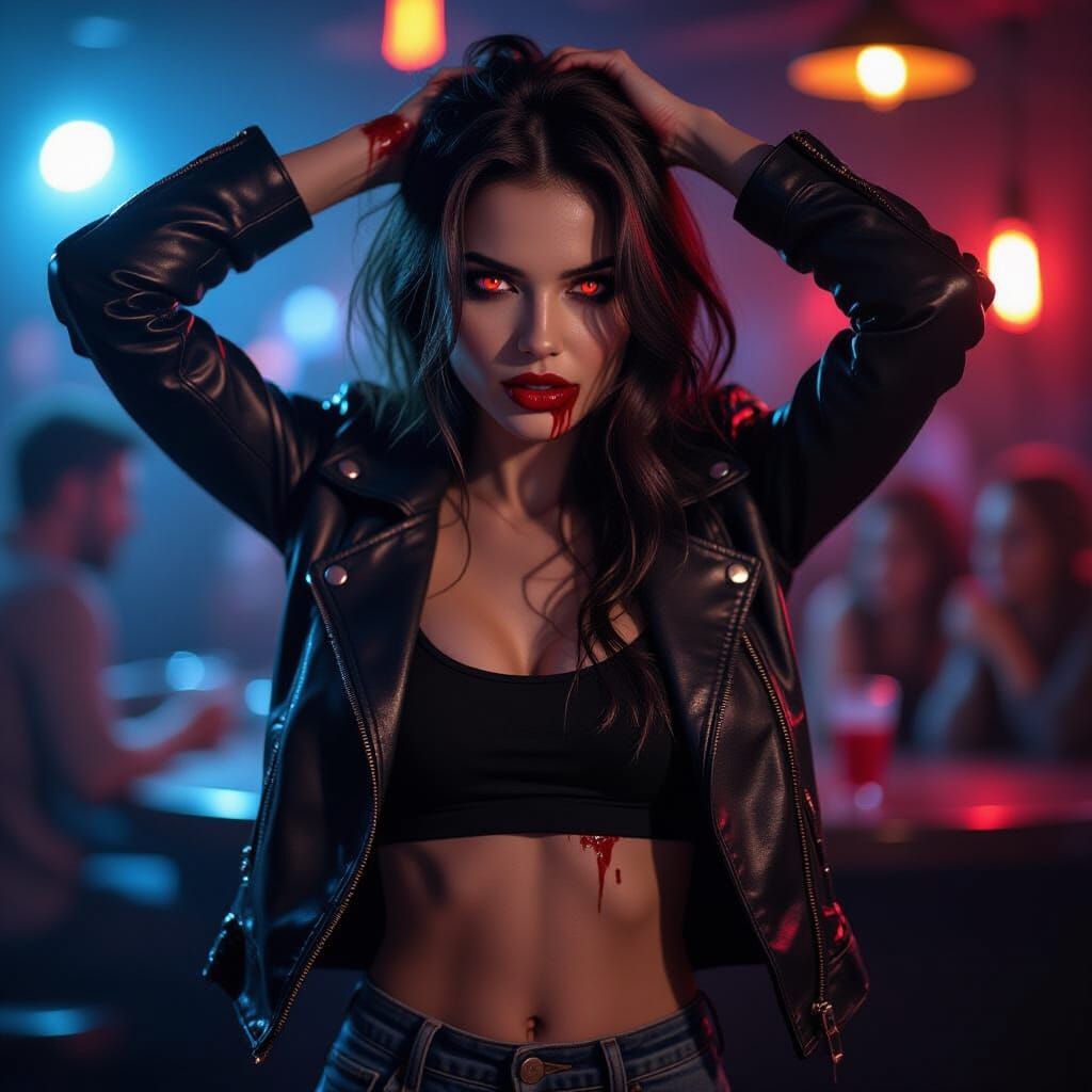 Vampire Woman Dancing in Club with Red Eyes