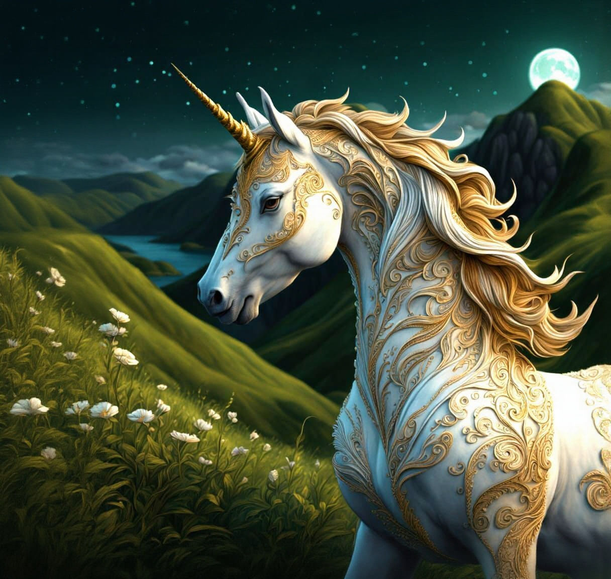 Majestic Unicorn on Hillside in Hyperrealistic Fantasy Style