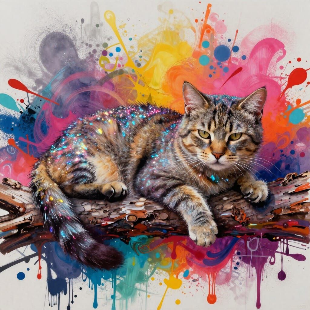 Majestic Cat with Swirling Sparkles on Branch in Graffiti St...