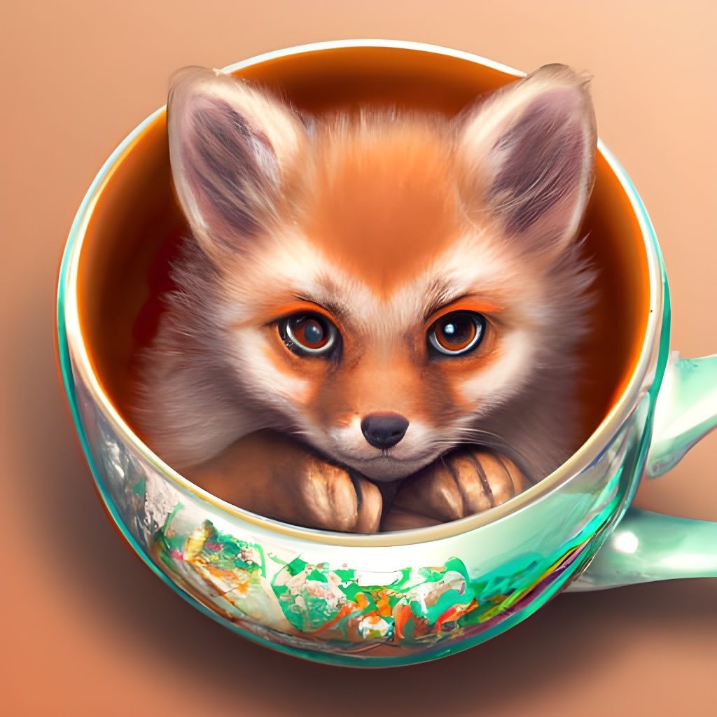 Chibi Kitsune Fox in Teacup, Hyperrealistic Illustration