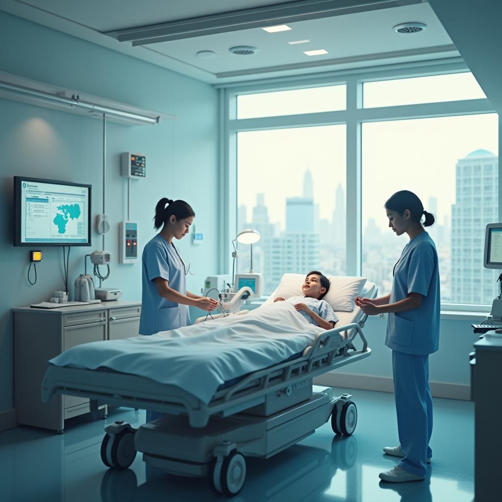Nurse Cares for Child in Futuristic Hospital