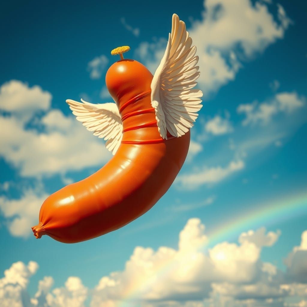 Surrealist Masterpiece: Plump Sausage Soars Through Majestic...