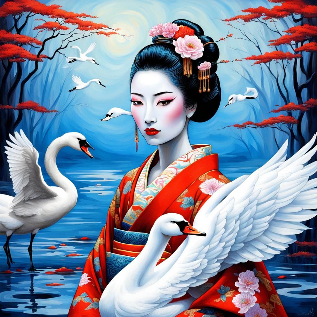 Elegant Geisha and Swan with Vibrant Colors